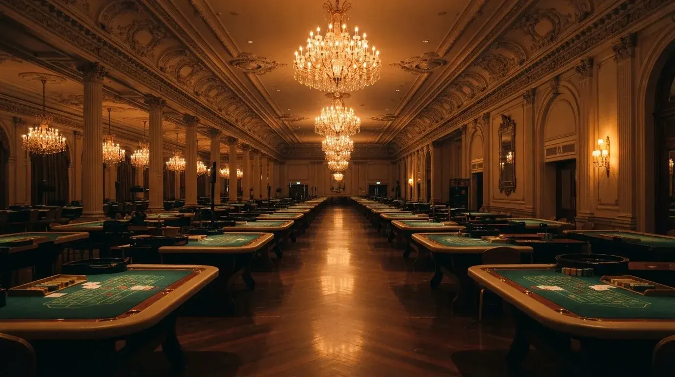Mese de cazino cu pâslă roșie dispuse în rânduri într-o sală mare cu candelabre, fotografiate din capătul sălii, în sala goală.